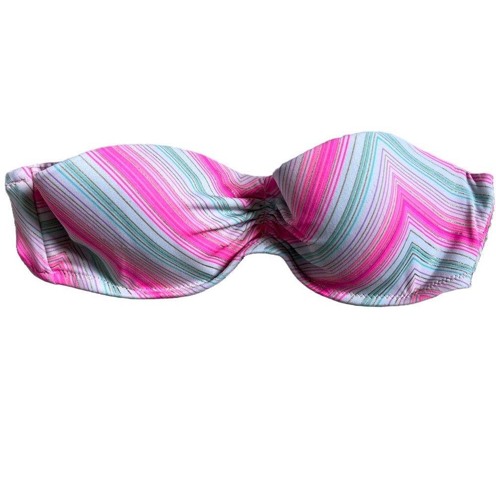 VICTORIA’S SECRET SWIM PINK AND WHITE CHEVRON PRINT STRAPLESS BANDEAU BIKINI TOP